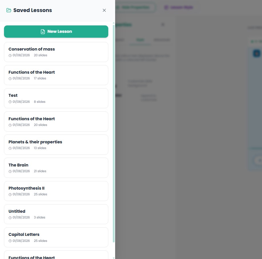 Saved Lessons drawer listing lessons with dates and slide counts